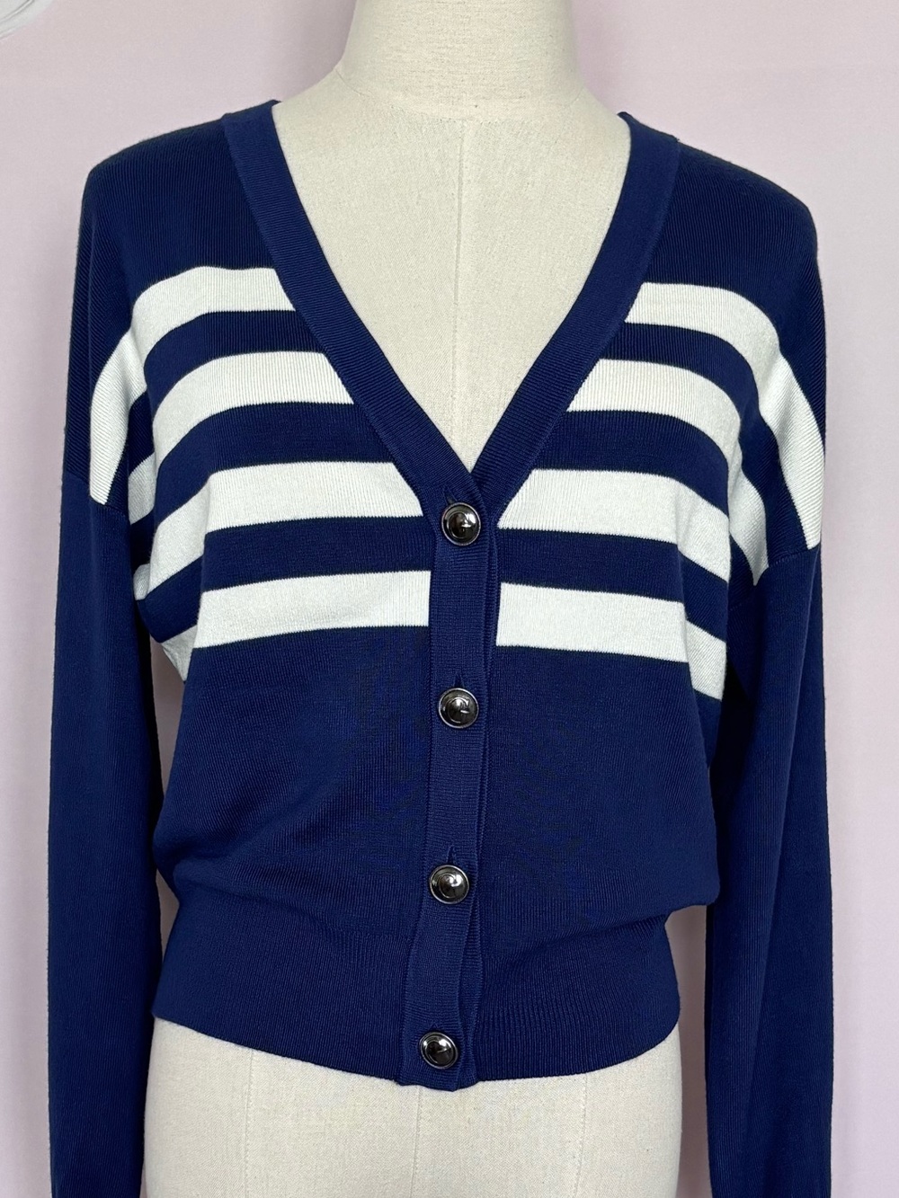GUESS Rachel Long Sleeve Navy Striped Cropped Knit Cardigan Sweater--NWT--M